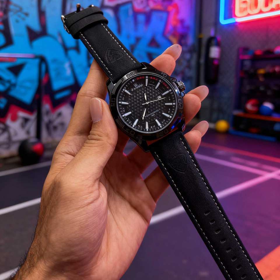 Montre chronographe à quartz sport, cadran en verre, bracelet en cuir véritable