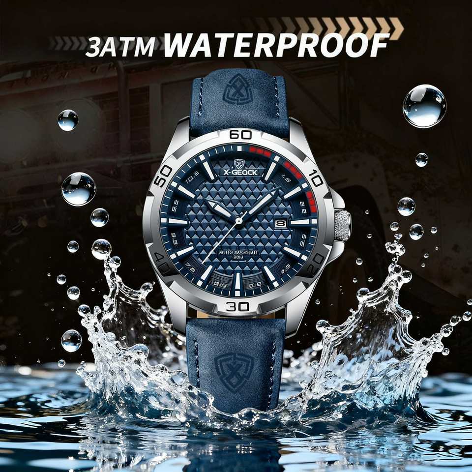 Montre chronographe à quartz sport, cadran en verre, bracelet en cuir véritable