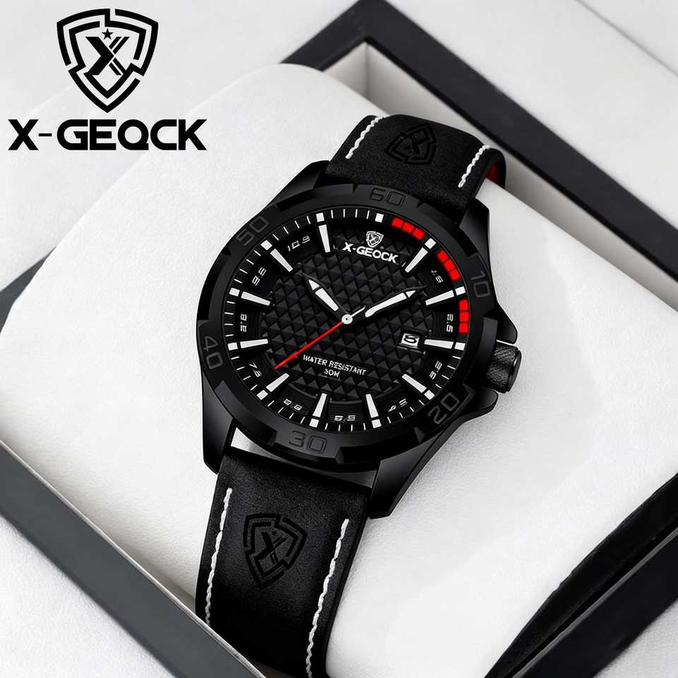 Montre chronographe à quartz sport, cadran en verre, bracelet en cuir véritable